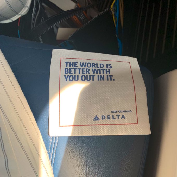 A Delta Airlines napkin with a very macabre message when read incorrectly