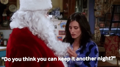 Friends scene of Monica asking Chandler to keep the Santa suit for another night.