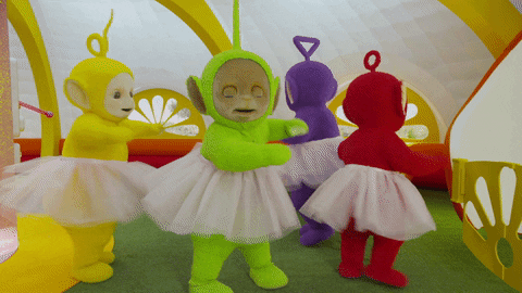 Dipsy from the Teletubbies twirling